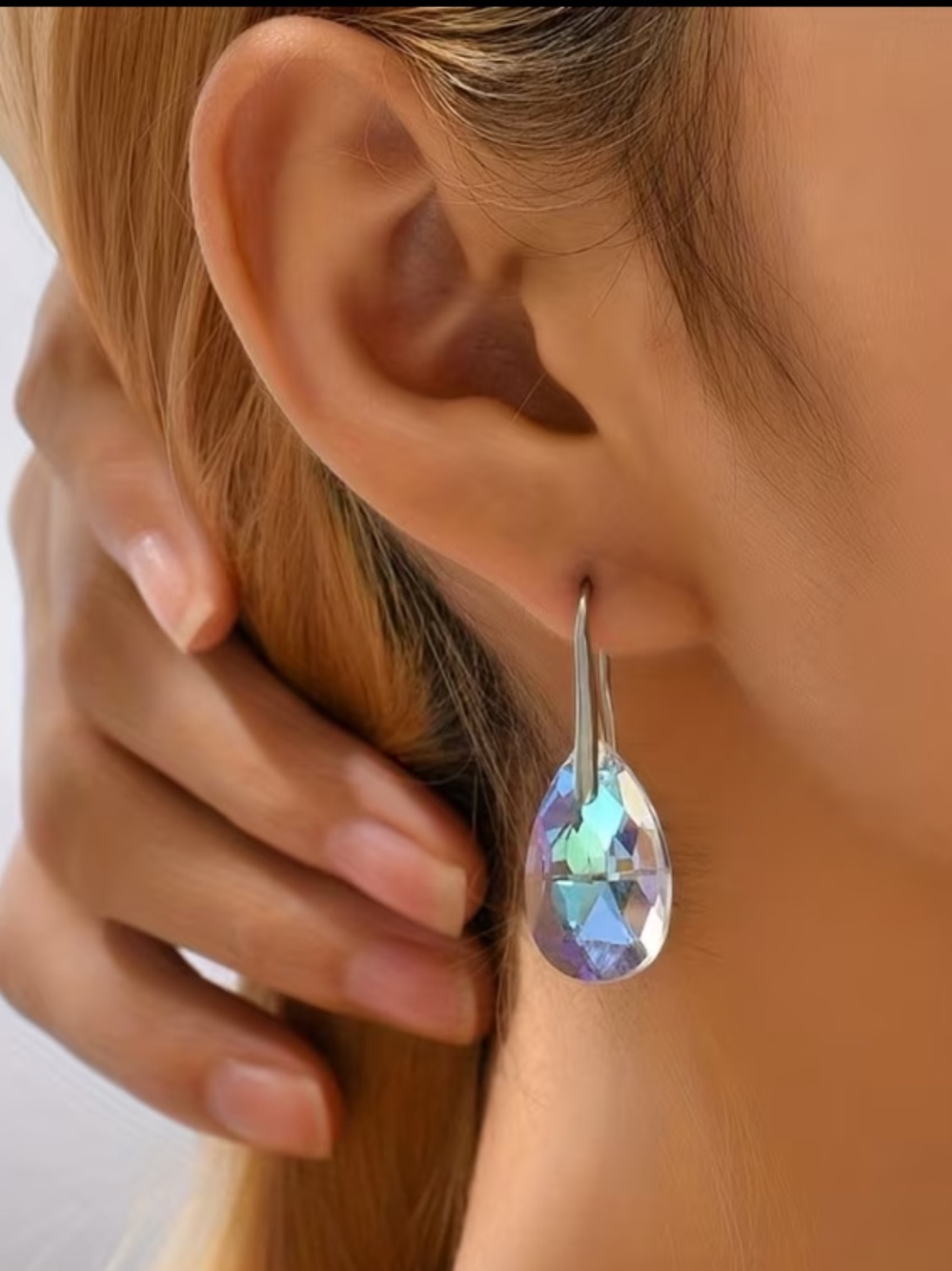 14K White Gold AB Moissanite Teardrop Earrings Iridescent Drop